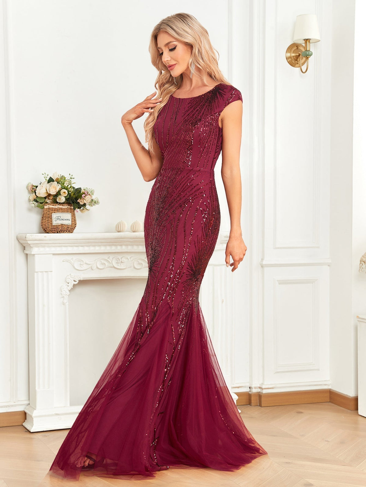 Sequin Round Neck Cap Sleeve Mermaid Fishtail Maxi Dress - View 2