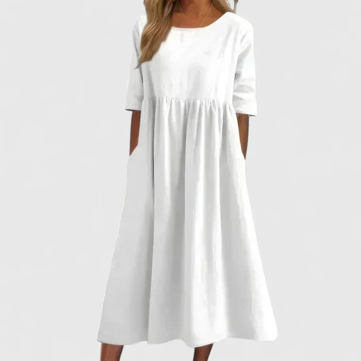 Round Neck Half Sleeve Pocket Smock Midi Dress 3