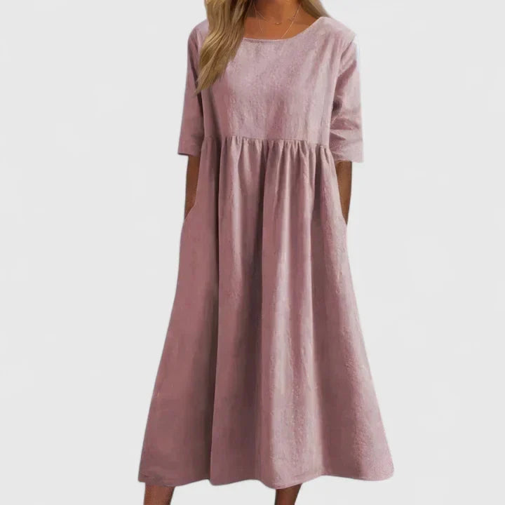 Round Neck Half Sleeve Pocket Smock Midi Dress 5
