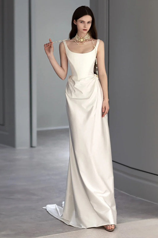 Satin Square Neck Ruched Drape Column Maxi Dress