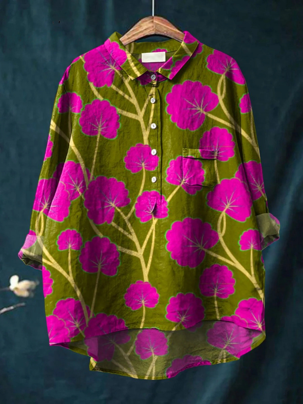 Floral Print Collared Button Front Oversized Shirt