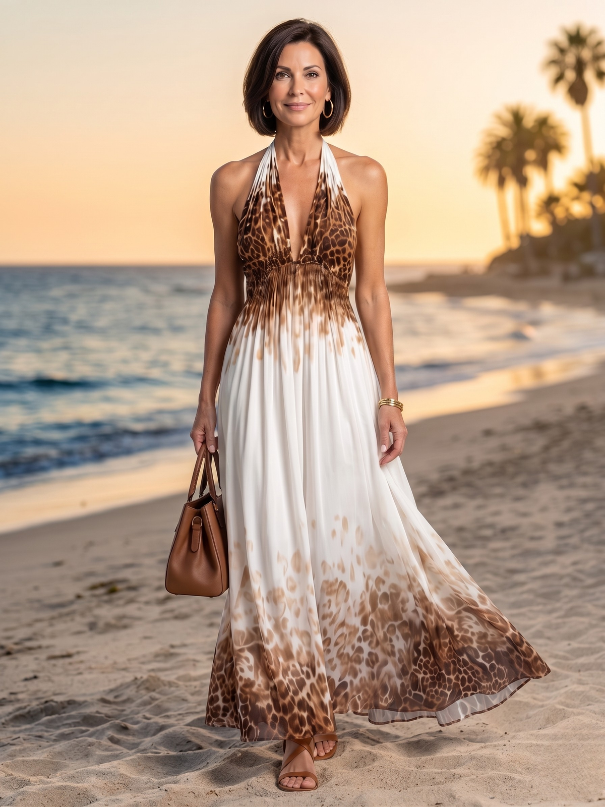 Leopard Print Halter Deep V-Neck Maxi Dress