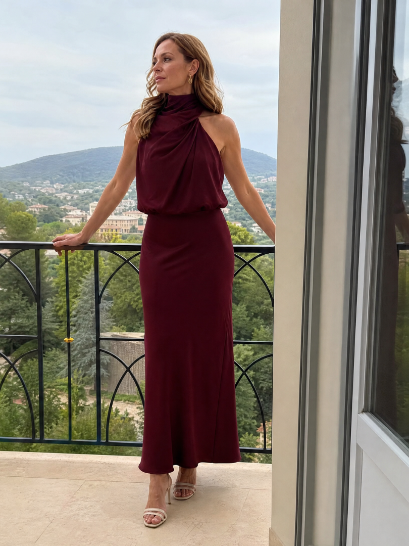 Satin Halter Neck Draped Maxi Dress 4