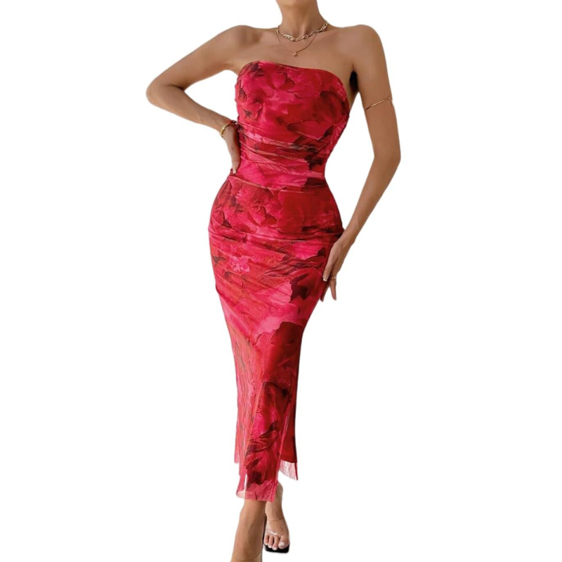 Floral Print Strapless Ruched High Split Bodycon Maxi Dress 12