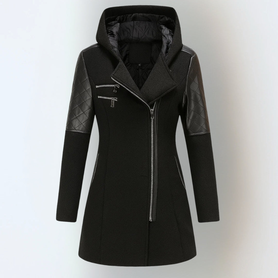 Hooded Quilted Faux Leather Sleeve Zip Front Coat 3