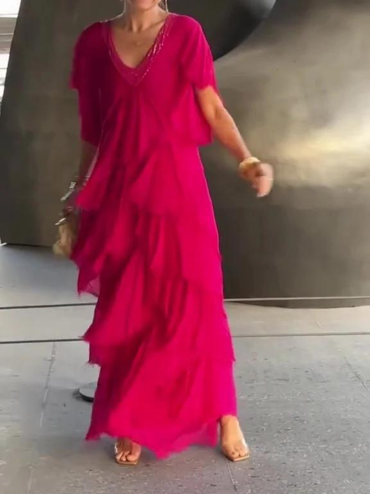 V-Neck Flutter Sleeve Tiered Ruffle Maxi Dress 14