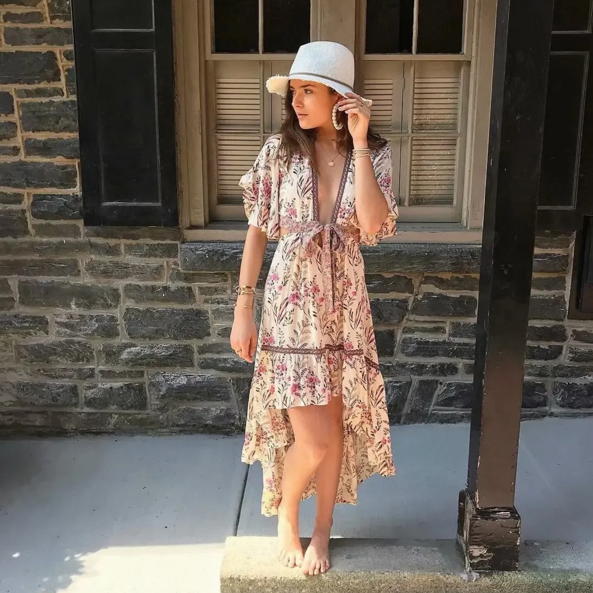 Floral Print Deep V-Neck Tie Front Flutter Sleeve Midi Dress