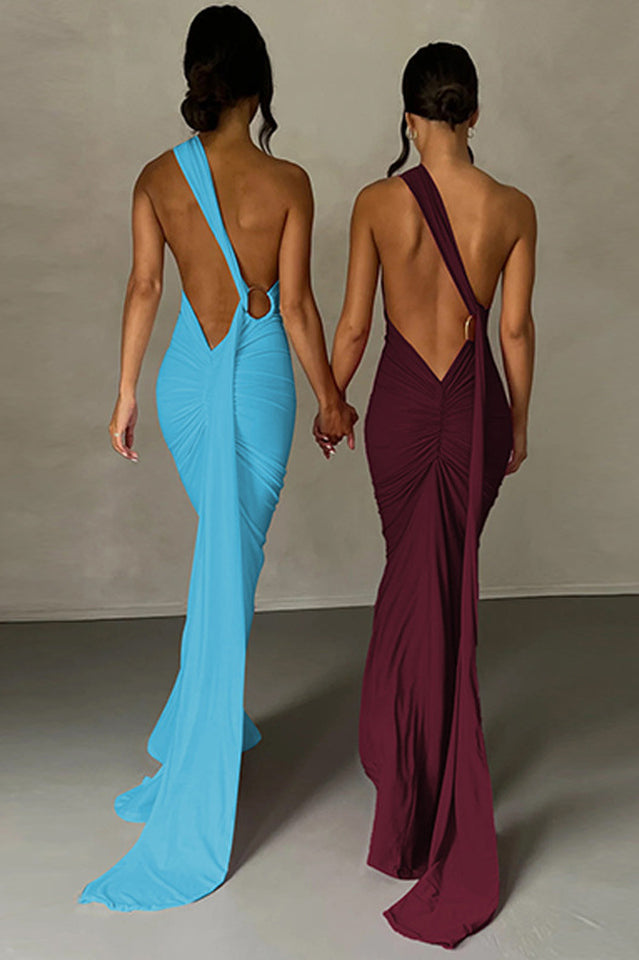 One Shoulder Ruched Open Back Trailing Sash Floor Length Gown - View 25