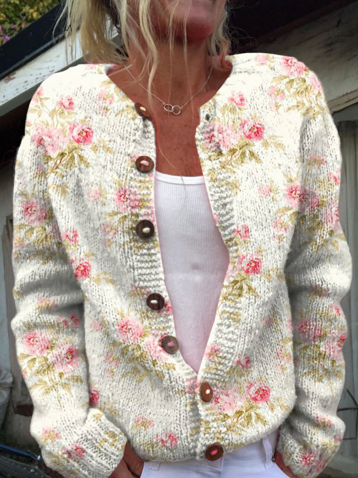 Floral Print Crew Neck Button Front Cardigan