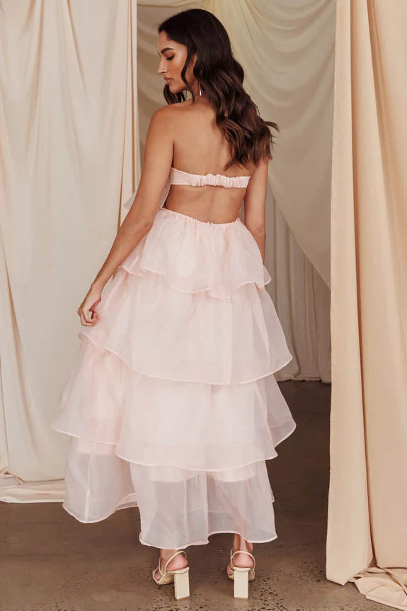Strapless Backless Tiered Ruffle Organza Maxi Dress - View 6