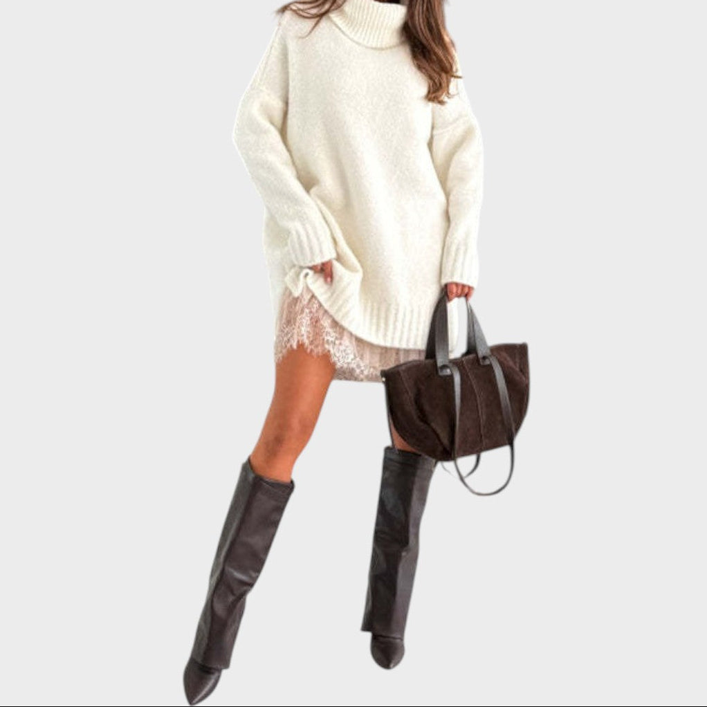 Turtleneck Oversized Sweater and Lace Slip Dress Two Piece Set 13