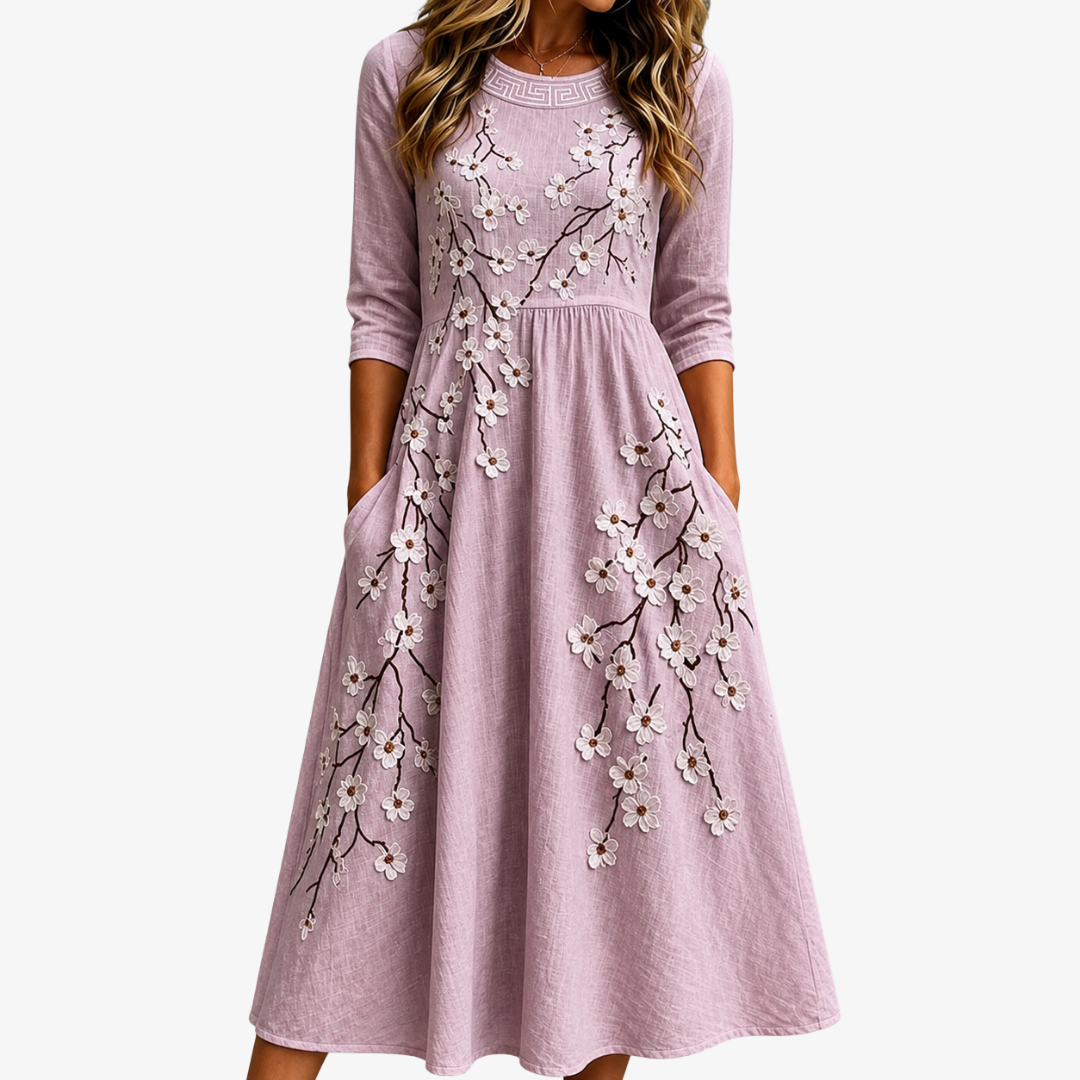 Floral Applique Round Neck 3/4 Sleeve Pocket Midi Dress