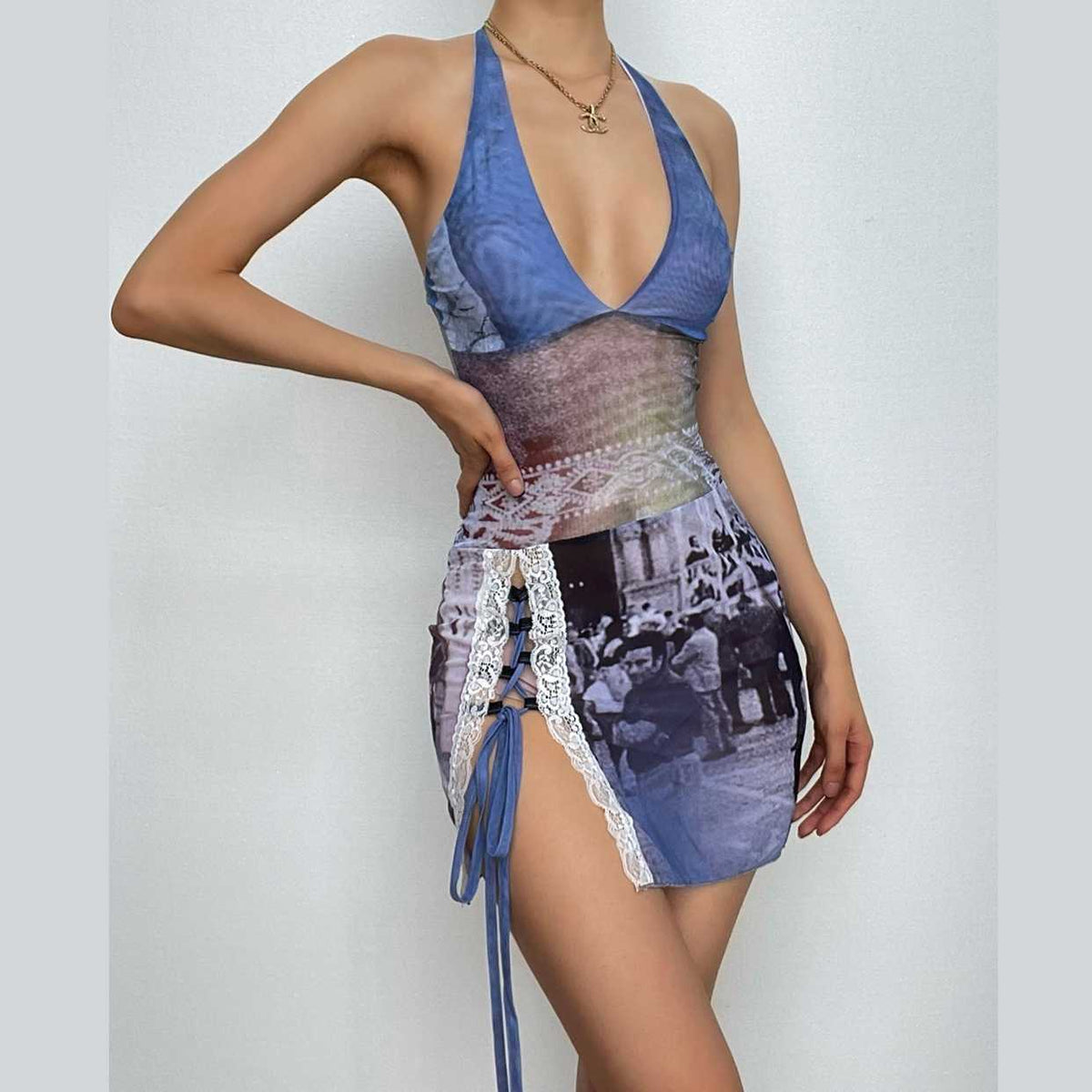 Mesh Print Halter Neck Lace Up Slit Mini Dress