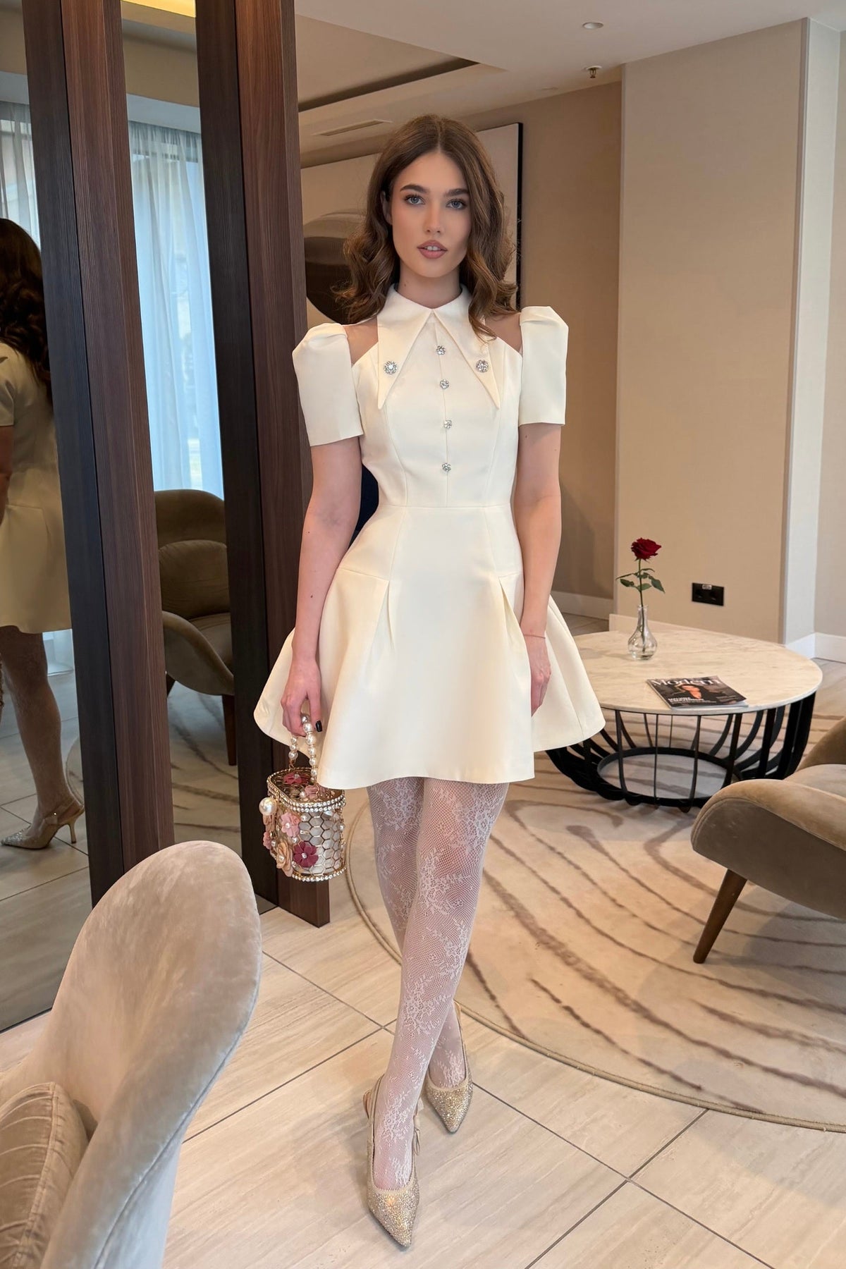 Puff Sleeve Mini Dress - Ivoire - View 3