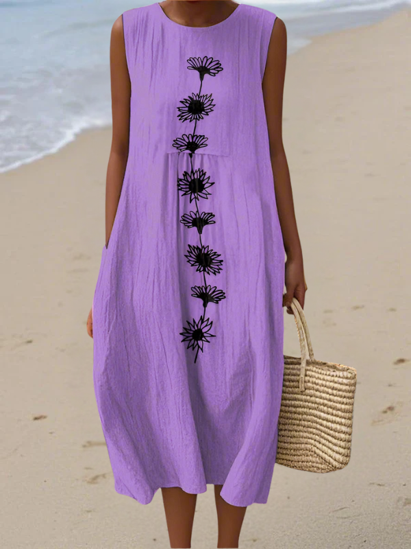 Floral Print Round Neck Sleeveless Pocket Midi Dress