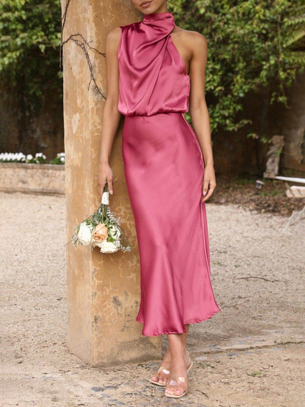 Satin High Neck Sleeveless Ruched Bias Cut Midi Dress - View 18