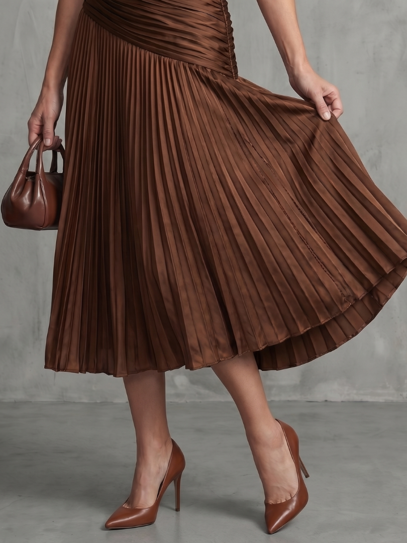Collared V-Neck Short Sleeve Ruched Pleated Striped Midi Dress 11