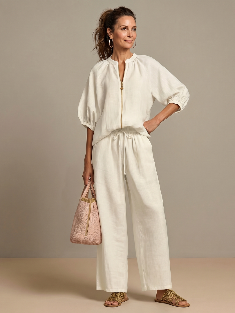 Puff Sleeve Zip Front Top and Wide Leg Pants Two Piece Set 9