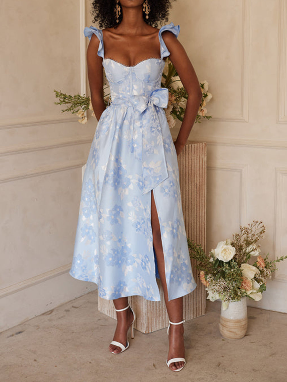 Floral Sweetheart Ruffle Strap Bow Waist High Split Midi Dress