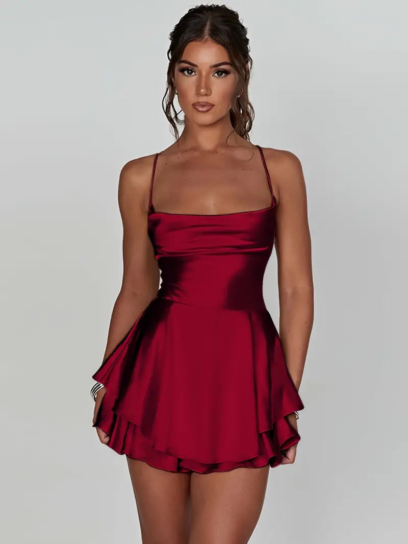 Satin Spaghetti Strap Tiered Ruffle Fit and Flare Mini Cocktail Dress - View 14