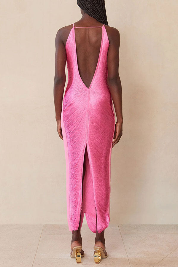 Sexy Allnight Metallic Halterneck Backless Fringed Slit Maxi Dress - View 22
