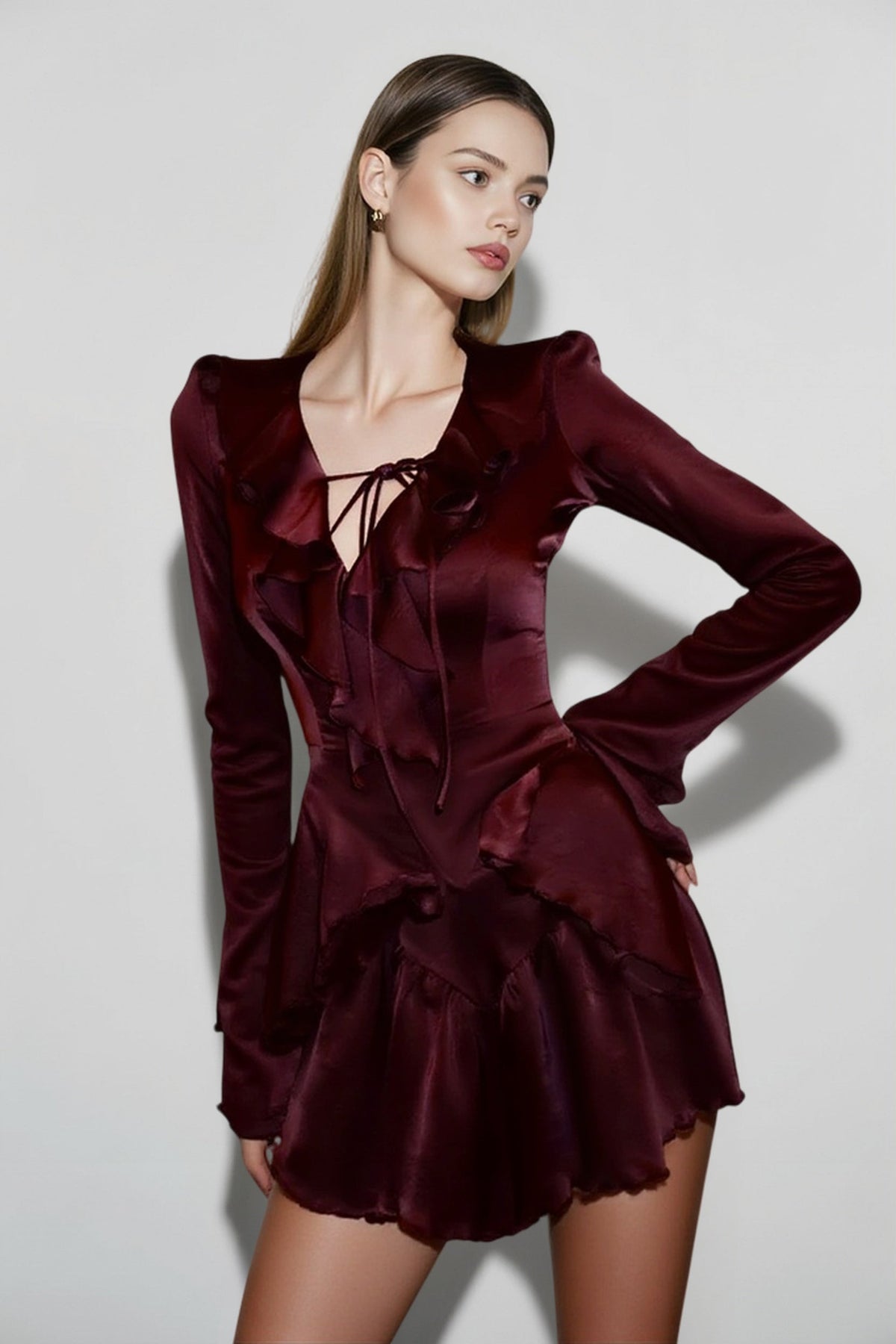 Lace-Up Ruffle V Neck A-Line Mini Dress - View 3