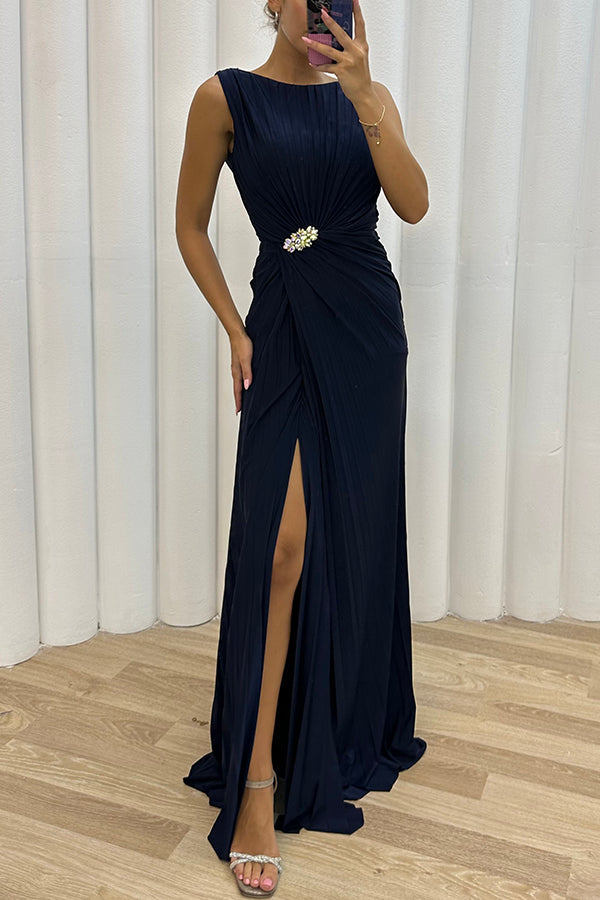 Pleated Rhinestone Waist Brooch Boat Neck High Split Maxi Gown - View 7
