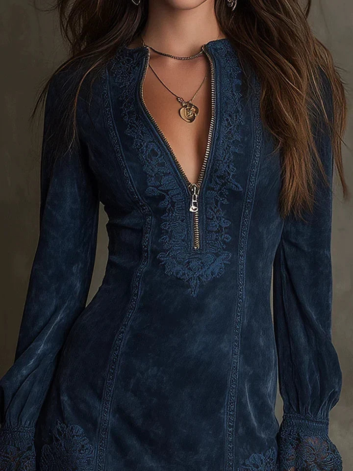Lace Trim Deep V-Neck Zip Front Long Sleeve Bodycon Mini Dress 2