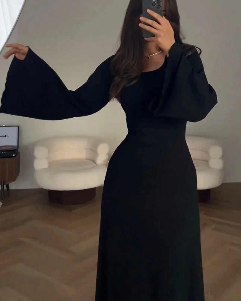 Rib Knit Square Neck Long Sleeve Bell Cuff Bodycon Maxi Dress - View 8