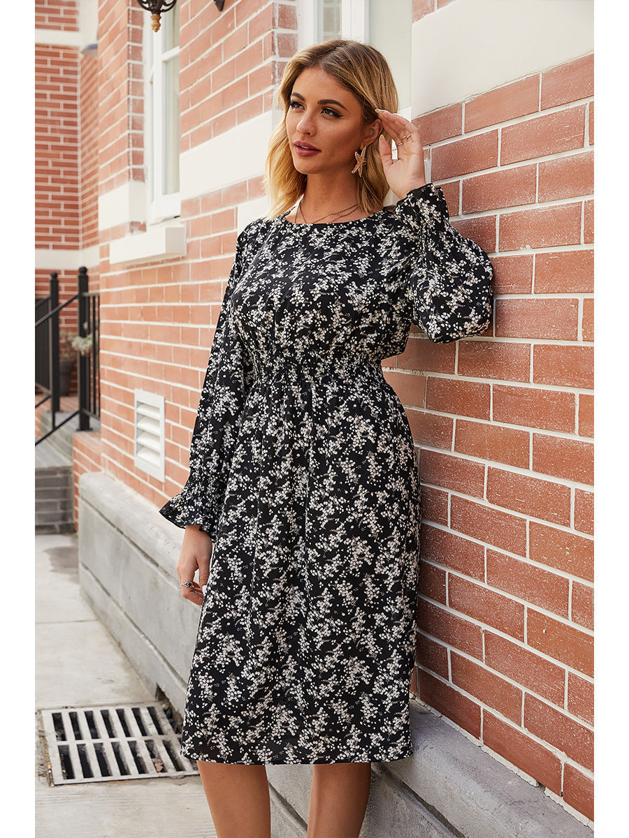 Floral Long Sleeve Smocked Waist A-Line Midi Dress - View 4