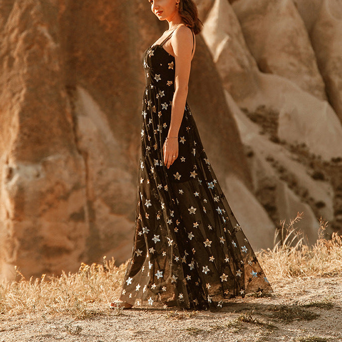 Five Pointed Star Mesh Camisole See Through Dress Maxi Dress - View 2