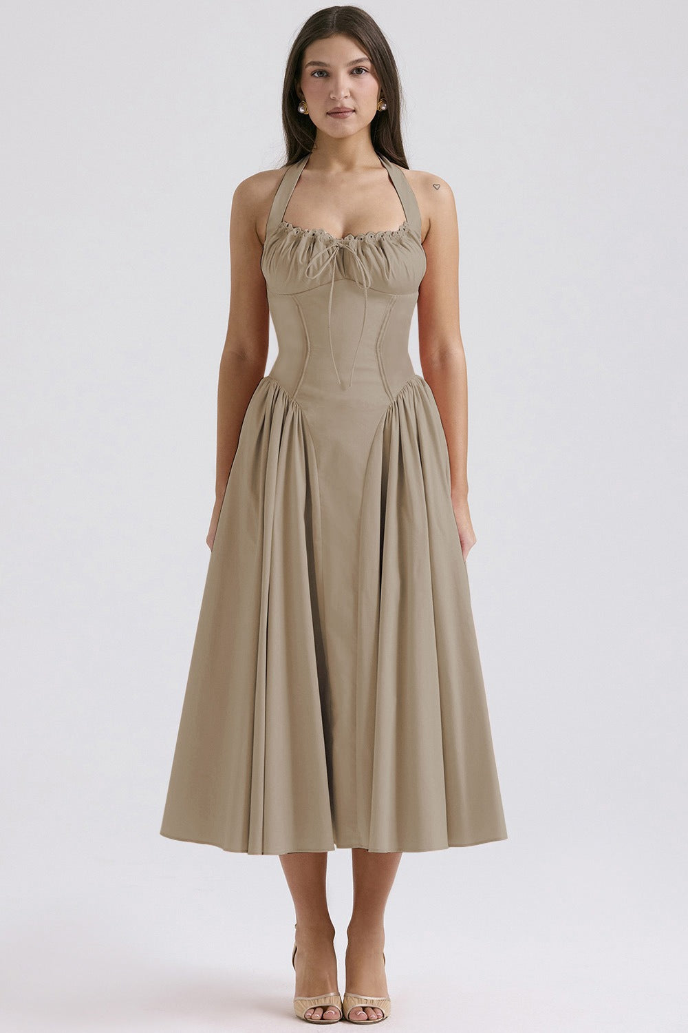 Halter Neck Ruched Corset Fit and Flare Midi Dress - View 11