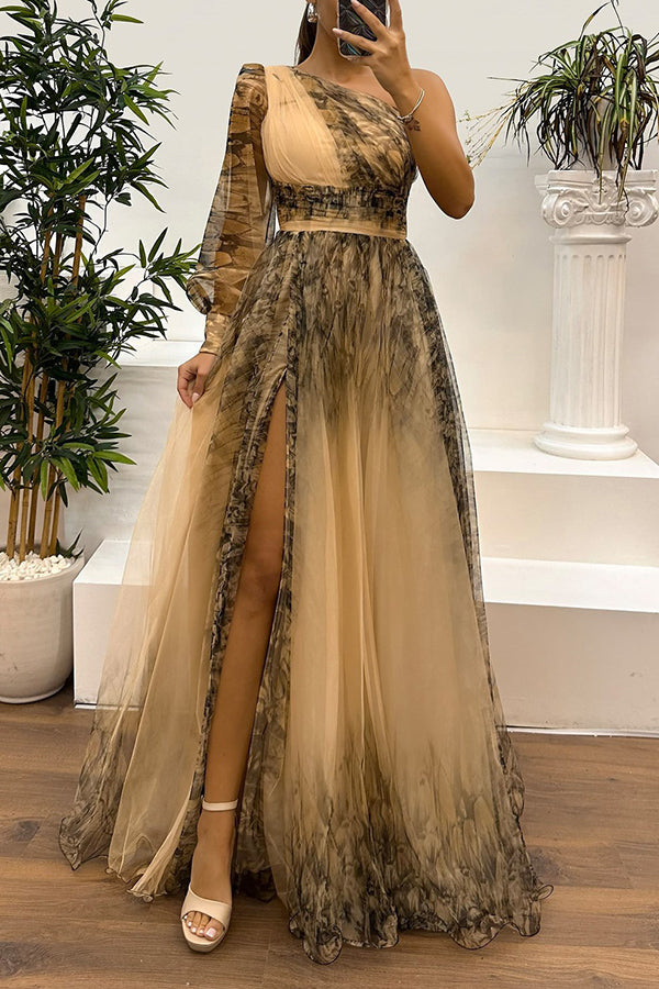 Tulle Off Shoulder Asymmetrical One Sleeve Maxi Dress - View 9