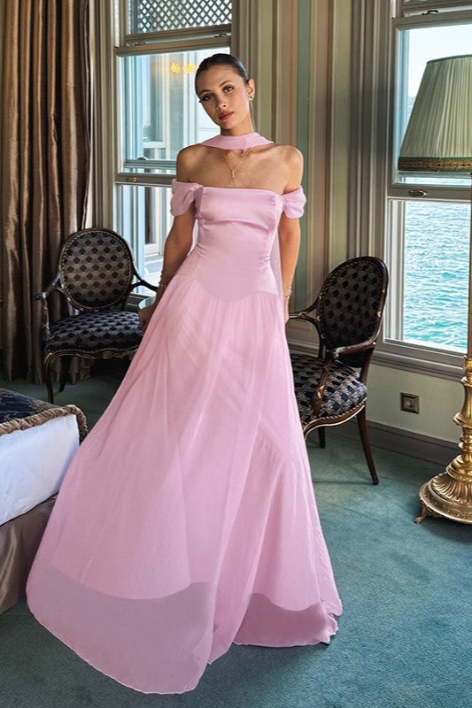 Satin Off Shoulder Choker Short Sleeve Corset A-Line Maxi Gown