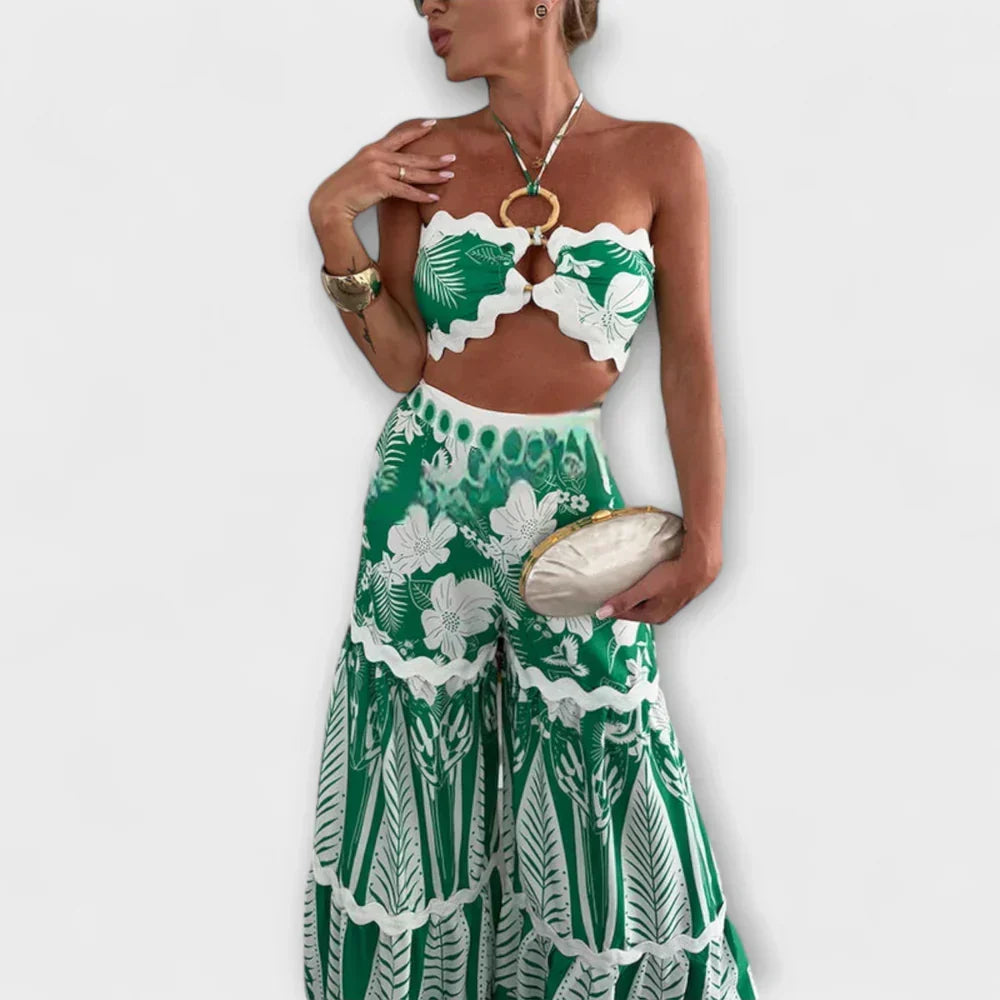 Tropical Print Halter Crop Top and Wide Leg Pants Two Piece Set 3
