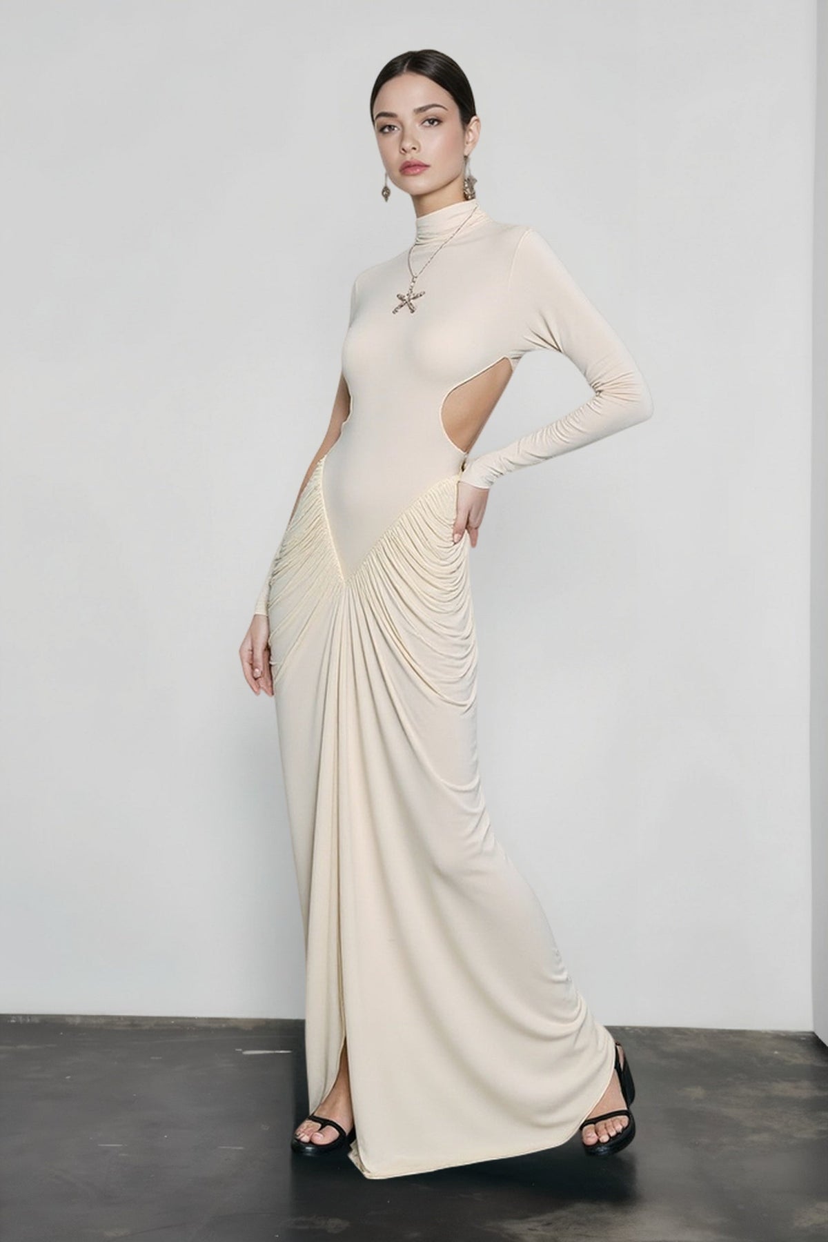 High Neck Long Sleeve Cut Out Ruched Mermaid Gown