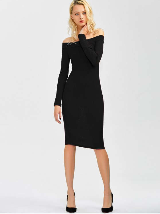 Off Shoulder Long Sleeve Ribbed Knit Bodycon Midi Dress