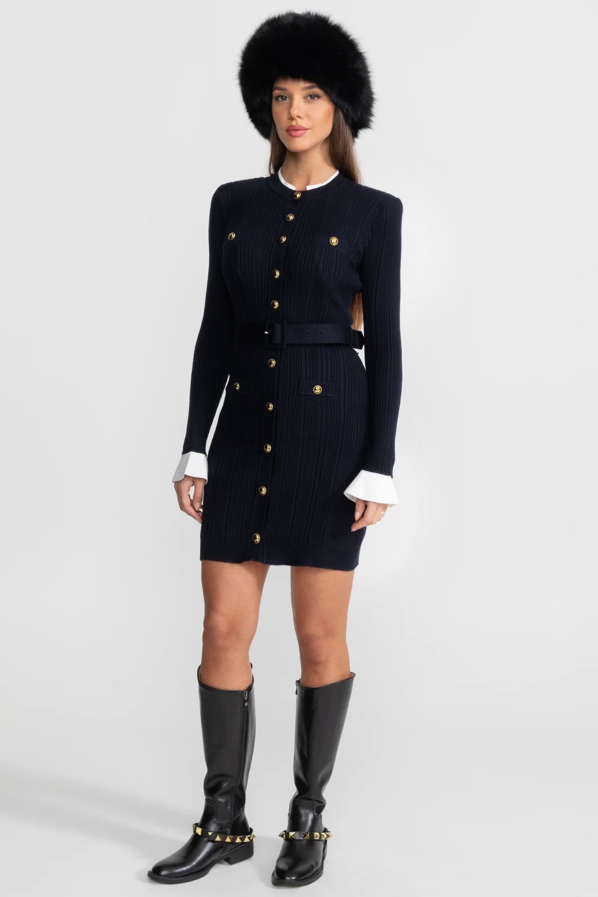 Ribbed Knit Mini Dress with Gold Button Fastening - Dark Blue - View 3