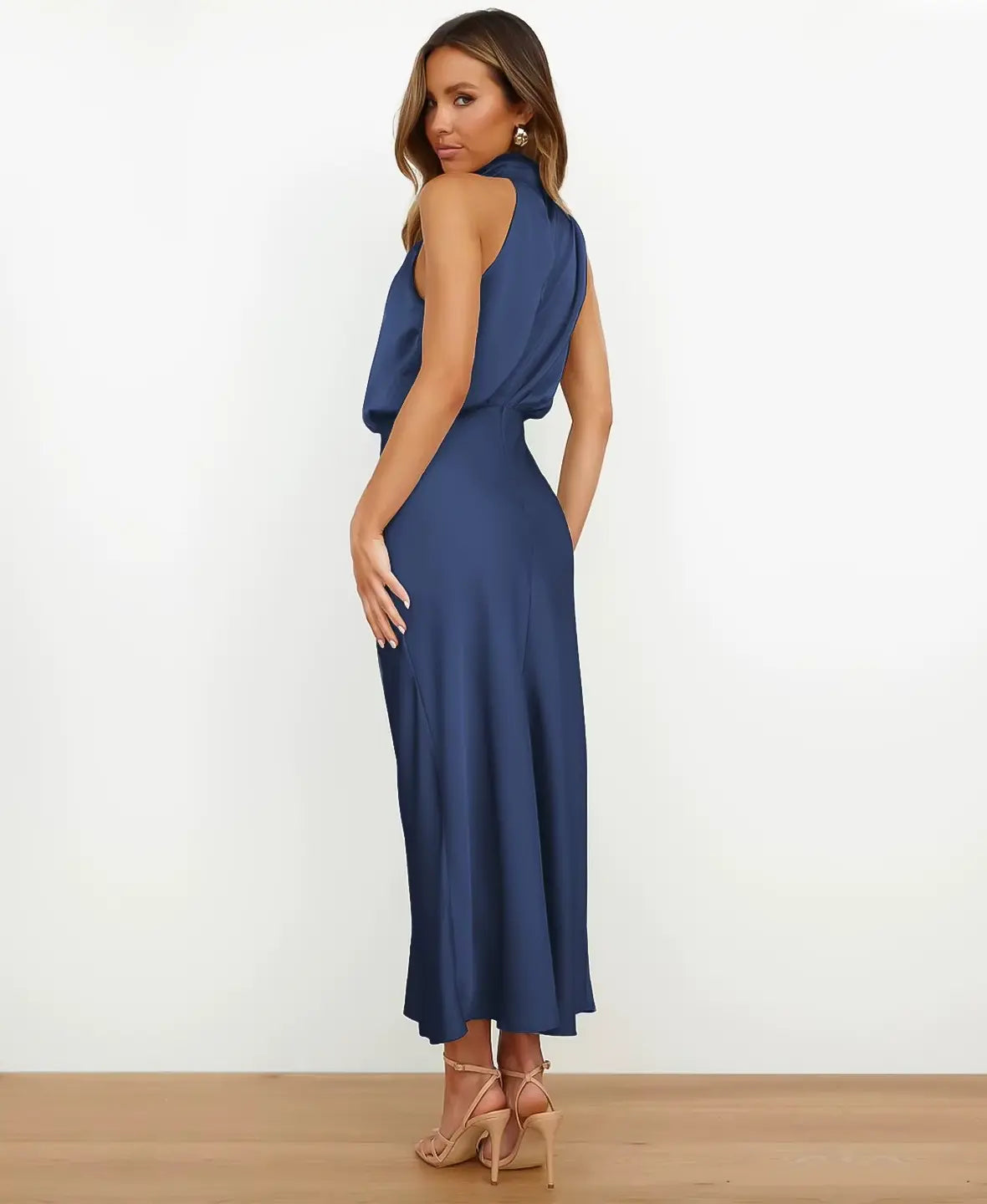 Satin Halter Neck Draped Cowl Bias Midi Dress 6