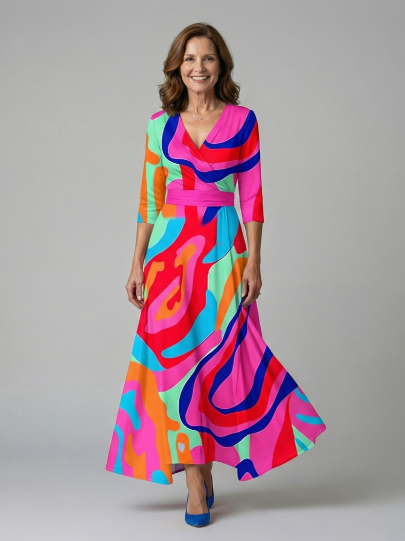 Floral V-Neck Wrap Three Quarter Sleeve Satin Maxi Dress 4