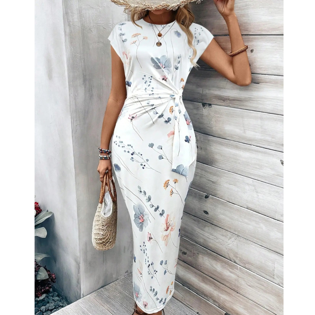 Striped Cap Sleeve Twist Front Bodycon Midi Dress 14