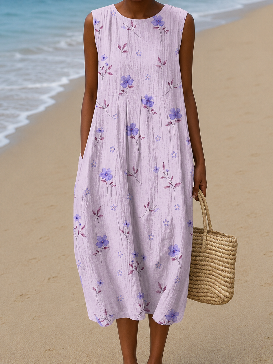 Round Neck Sleeveless Ditsy Floral Print Pocket Midi Dress