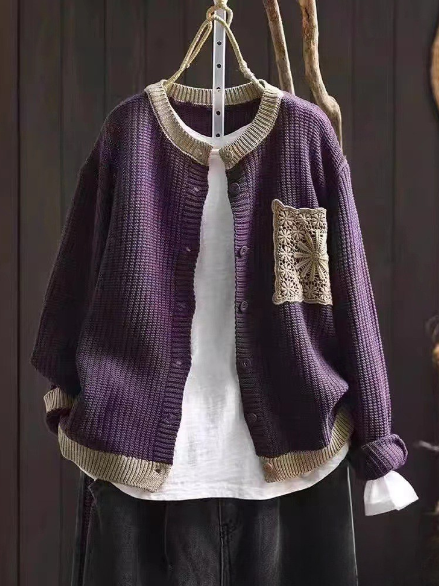 Crochet Pocket Round Neck Button Front Waffle Knit Cardigan 7