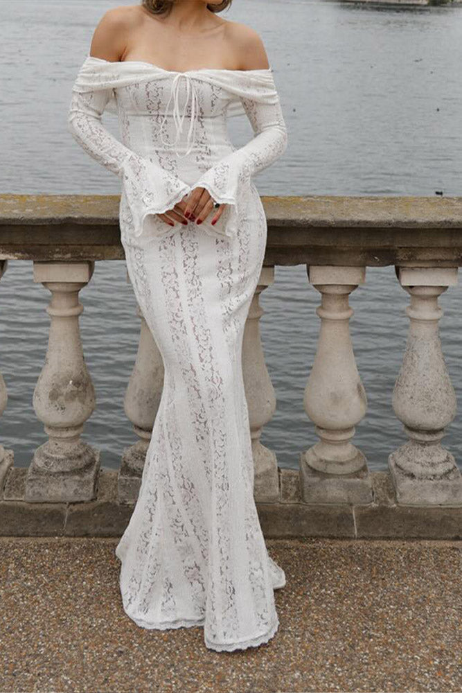 Matilde Statement Lace Wide Flared Sleeve Off Shoulder Dress - View 7