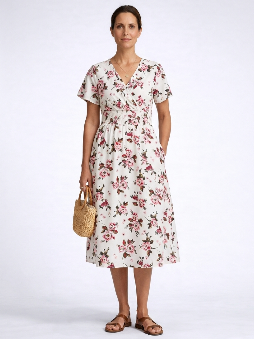 Floral Print V-Neck Short Sleeve Fit and Flare Midi Dress