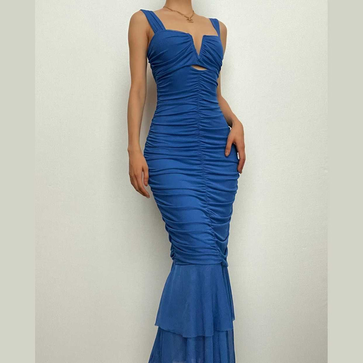 Solid ruched notch neck mesh zip-up ruffle maxi dress - View 2