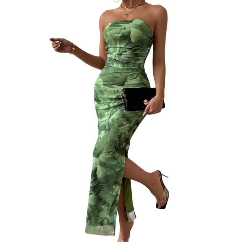 Floral Print Strapless Ruched High Split Bodycon Maxi Dress 13