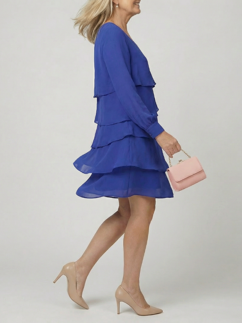 Round Neck Long Sleeve Tiered Knee Length Dress 9