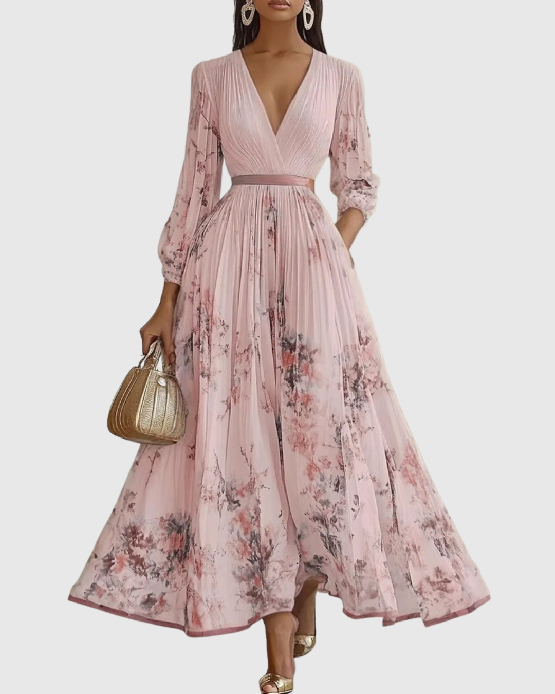 V-Neck Sleeveless Belted Floral Pleated Maxi Dress 13