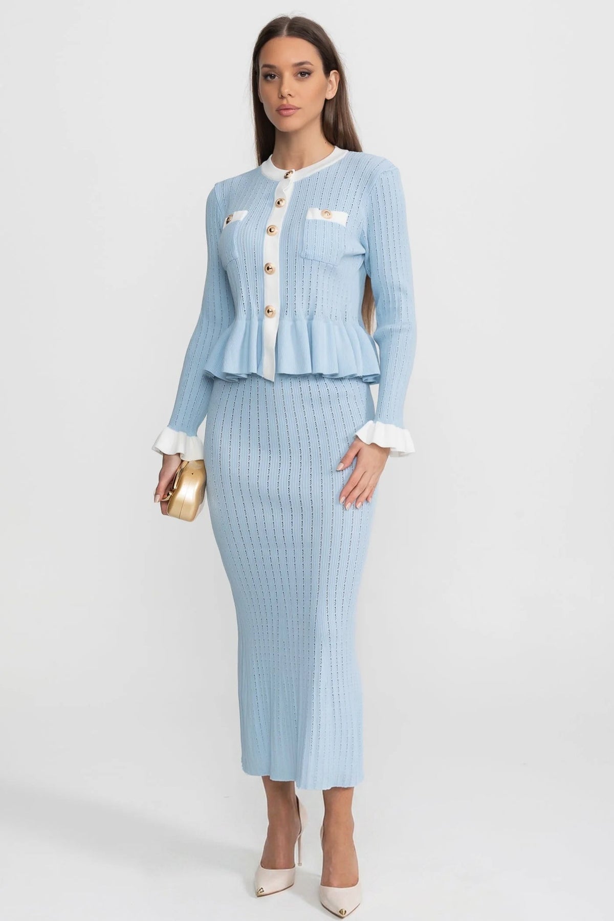 Pointelle Knit Midi Co-Ord with Contrast Trim – Baby Blue - View 5